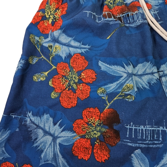 Huk Floral Tropical Hawaiian Swim Trunks Mesh Lined Blue Men's Size Large EUC - Picture 2 of 13
